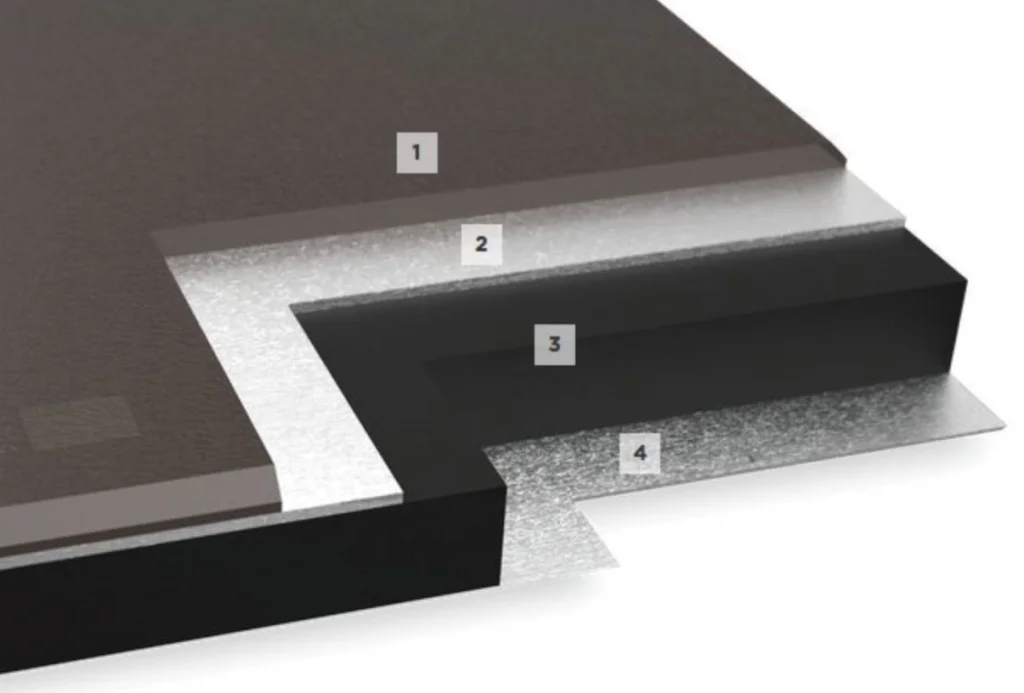 TPB Tech induction worktop cross-section showing porcelain, aluminum, resin, and base layers